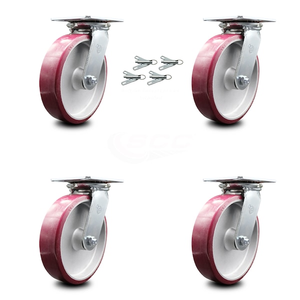 8 Inch Poly on Aluminum Caster Set with Ball Bearings and Swivel Locks SCC
